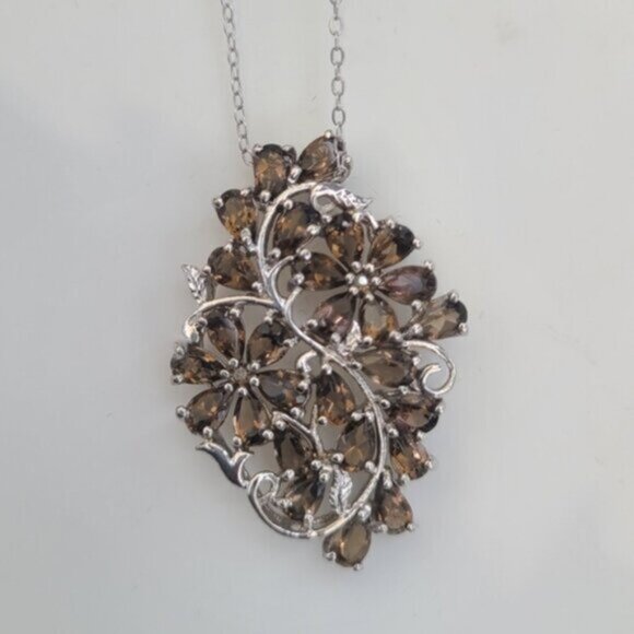 Vintage Sterling Silver Floral Filigree Smoky Quartz Crystal Pendant Necklace - Picture 15 of 16